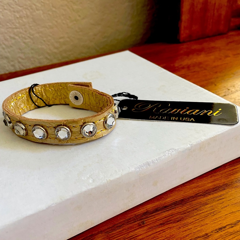 Raviani Gold Leather and Crystal Bracelet NWT 8 in